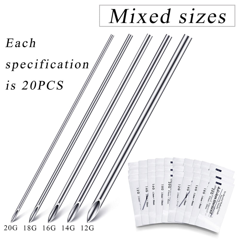 [Australia] - Chumia Piercing Kit 100 Pcs Piercing Needle with 1 Pcs Clamps Stainless Forceps Clamp Hollow Needle Mixed Sizes 12g 14g 16g 18g 20g for Ear Nipple Belly Tongue Body Tools 