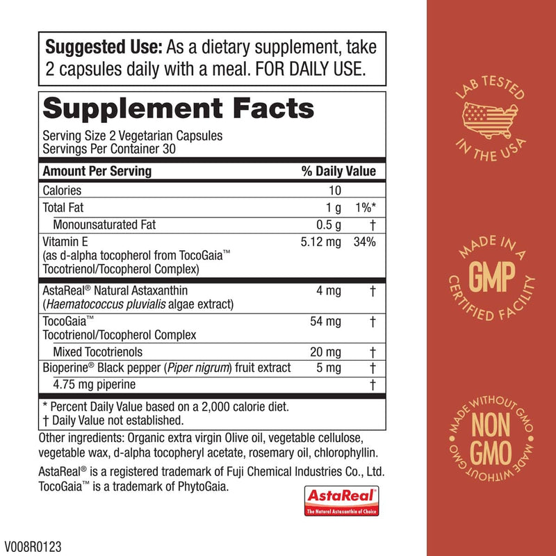[Australia] - Purity Products AstaFX Astaxanthin Antioxidant Super Formula from Clinically Tested 4 mg AstaREAL with Full Spectrum Tocotrienols (Vitamin E) + BioPerine Black Pepper + Piperine - 60 Vegetarian Caps 60 Count (Pack of 1) 