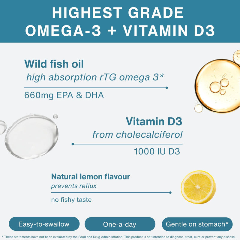 Igennus Ultra Pure Omega-3 rTG, IFOS Certified Wild Fish Oil & Vitamin D3 | Complete 1-a-Day Omega-3 & D3, 660mg EPA & DHA Plus 1000 IU D3, Fast-Acting Triglyceride Form, Non-GMO, 60 Softgels 60 Count (Pack of 1)