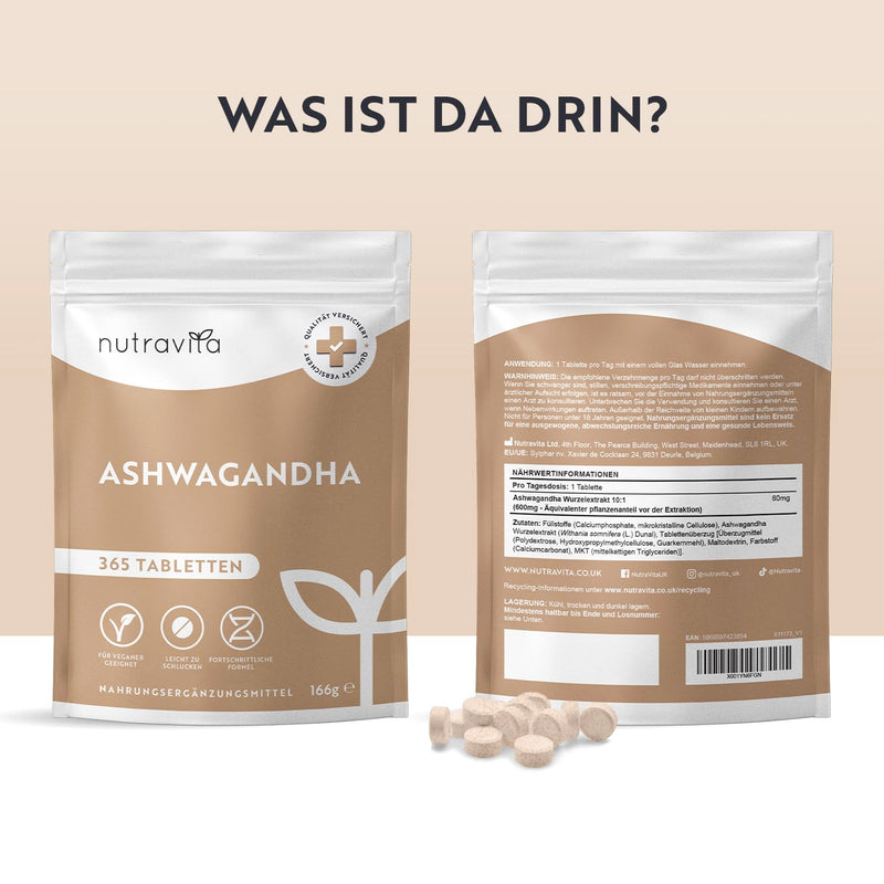 [Australia] - Ashwagandha high dose - 365 vegan tablets (1 year supply) - 600mg per tablet - Highly effective Ashwaganda root powder - Alternative to Ashwagandha capsules - Indian sleepberry - Nutravita 
