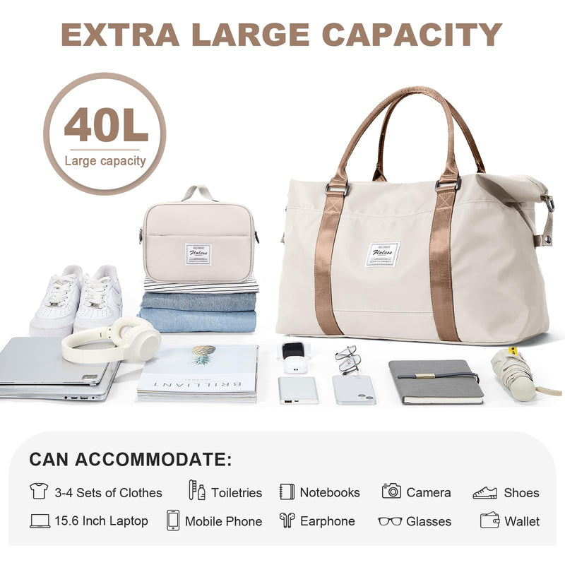 Travel Duffel Bag, Carry On Overnight Weekender Bags for Women | Travel Bag with Wet Pocket & Trolley Sleeve, For Spirit Airlines 18x14x8 Personal Item Bag A1-Beige & Brown Extra Large Travel Bag