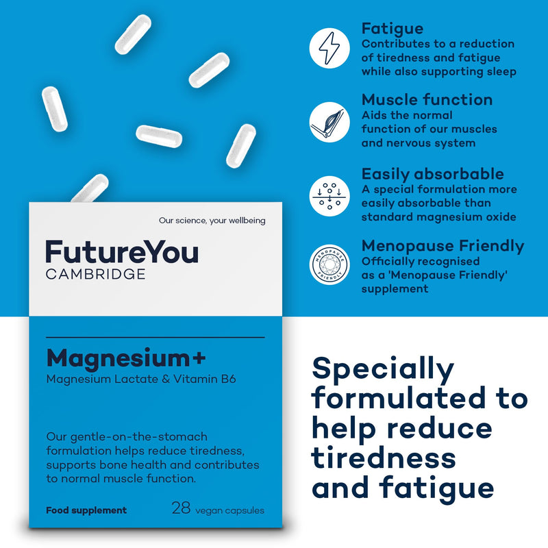 Magnesium+ 575mg Supplement – 28 High Strength Capsules – Magnesium Lactate & Vitamin B6 Health Supplements to Reduce Tiredness & Support Bone Health – Supplements by FutureYou Cambridge 1 count (Pack of 28)