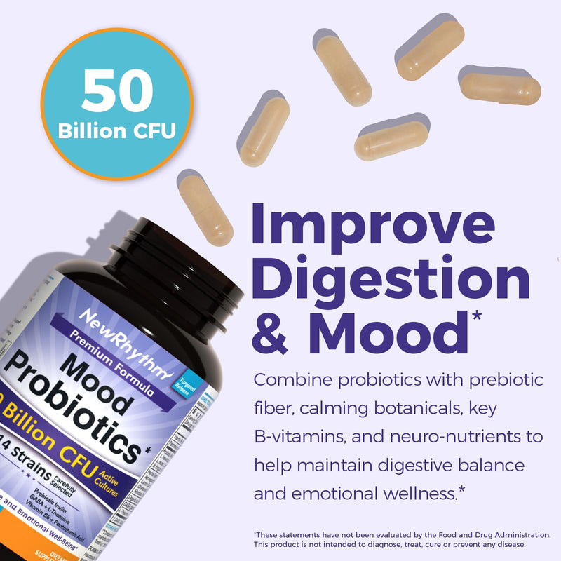 NewRhythm Mood Probiotics 50 Billion CFU, 14 Strains | Lactobacillus Helveticus, Prebiotic, Ashwagandha, GABA, L-Theanine, Vitamin B6 B5, Digestive & Mood Support, 30 Capsules