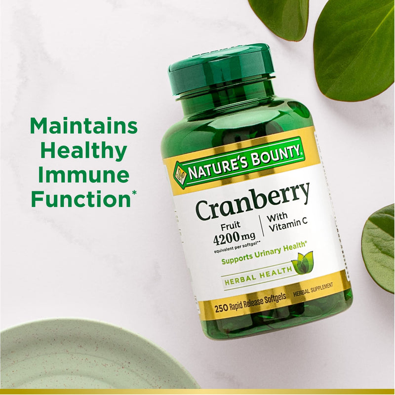 [Australia] - Nature's Bounty Cranberry 4200mg With Vitamin C, Urinary Health & Immune Support, Cranberry Concentrate, 250 Rapid Release Softgels Unflavored 1 Count (Pack of 250) 