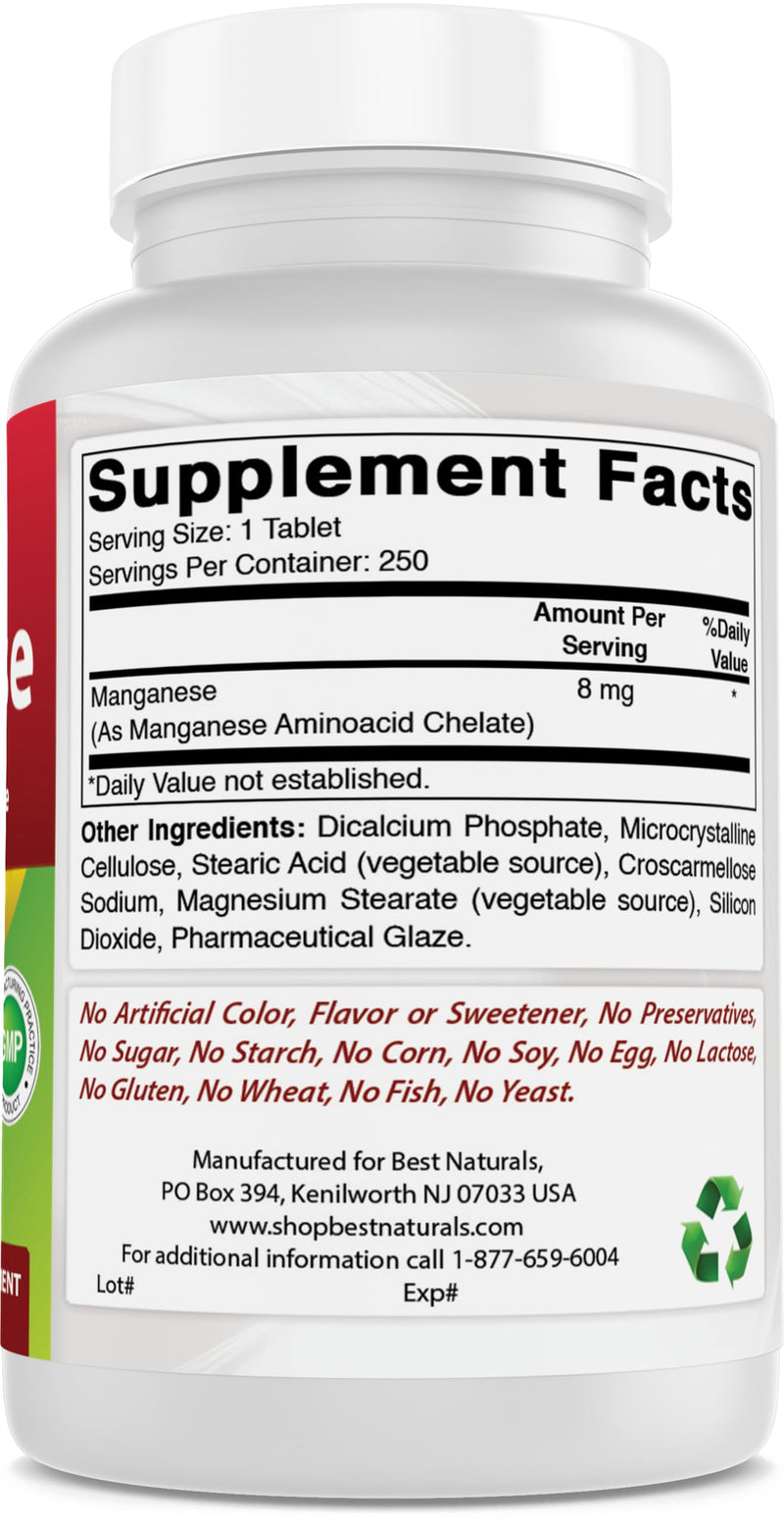 [Australia] - Best Naturals Manganese (Manganese Amino Acid Chelate) 8 mg- 250 Tablets 