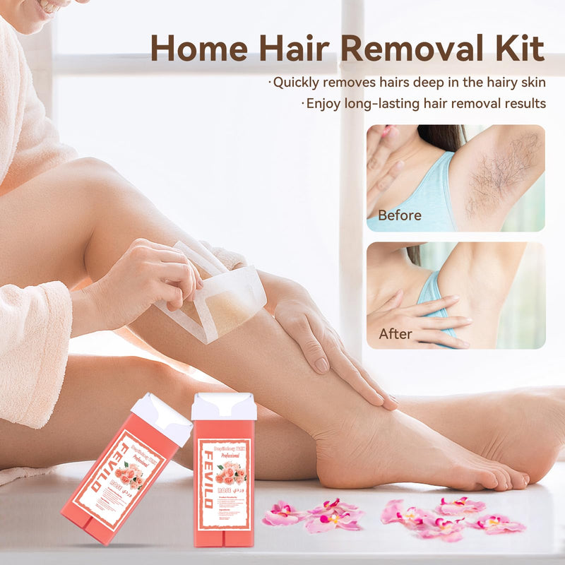 [Australia] - Hair Removal Kit for Hair Removal for Women and Men with Strip, Roll On Wax Kit with 2 Rose Soft Wax Cartridge & 100 Non-Woven Wax Strips, at Home Waxing Kit for Women, Soft, Pink 