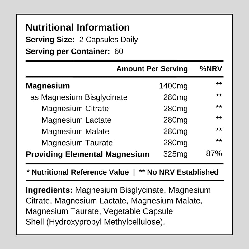 5 in 1 Magnesium Complex – Glycinate, Citrate, Lactate, Malate & Taurate – 1400mg Formula Providing 325mg of Elemental Magnesium – for Sleep, Energy, and Muscles – 120 Capsules, Made in The UK