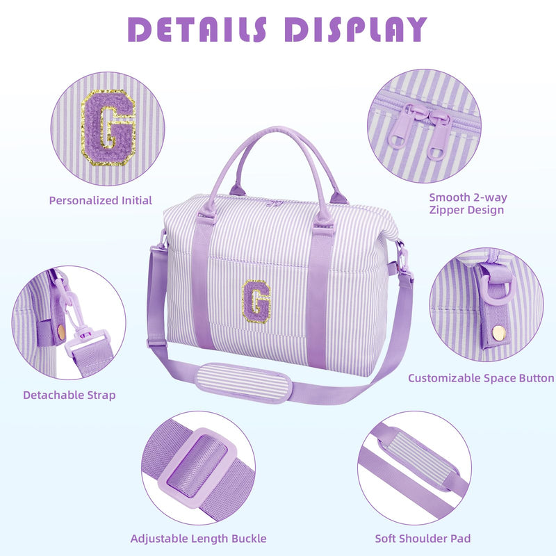Birthday Gifts for Teen Girl Women Initial Travel Duffle Bag | Cute Overnight Weekender Bag with Makeup Pouch, Personalized Dance Gymnastics Bag, Purple-G G