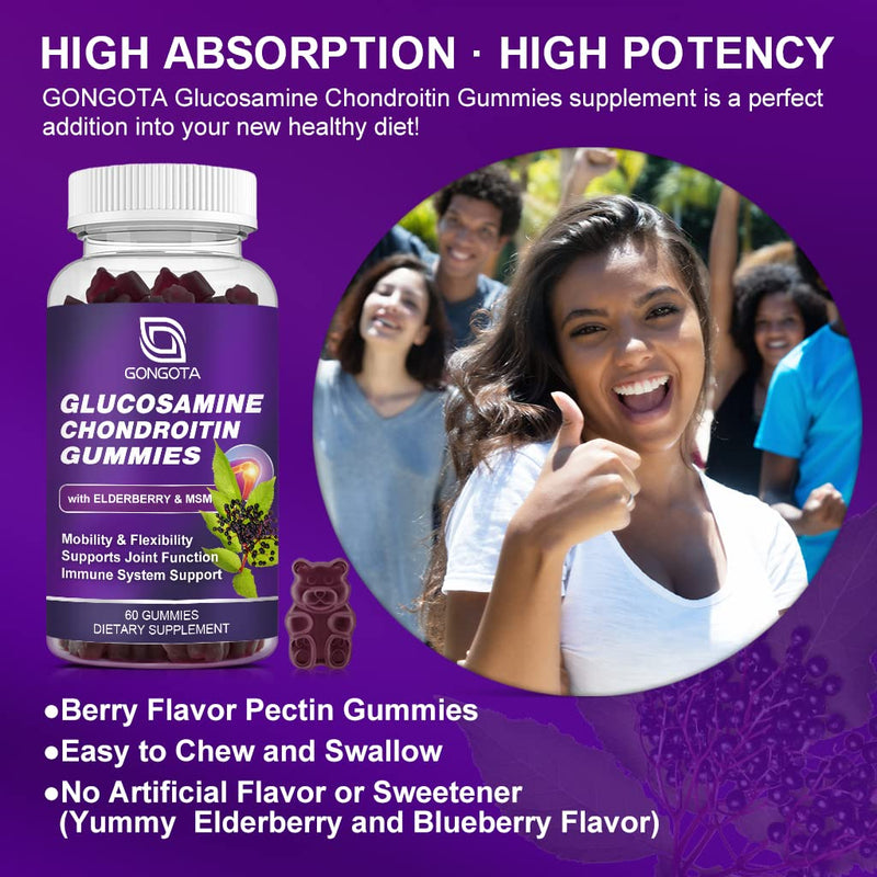 [Australia] - Glucosamine Chondroitin Gummies - 2- Pack, Extra Strength 1500mg Glucosamine with MSM & Elderberry, Joint Support Supplement, Best Cartilage & Immune Support Supplement for Men and Women - 120 count 60 Count(pack of 2) 