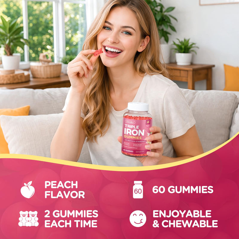 Iron Gummies for Women, Triple Iron Supplement with Multivitamin Iron Gummies with Vitamin C, A, B, Folate, Copper, Zinc for Energy & Blood Support, Immune Health, Vegan Peach, Flavor 60 Counts 60 Count (Pack of 1)