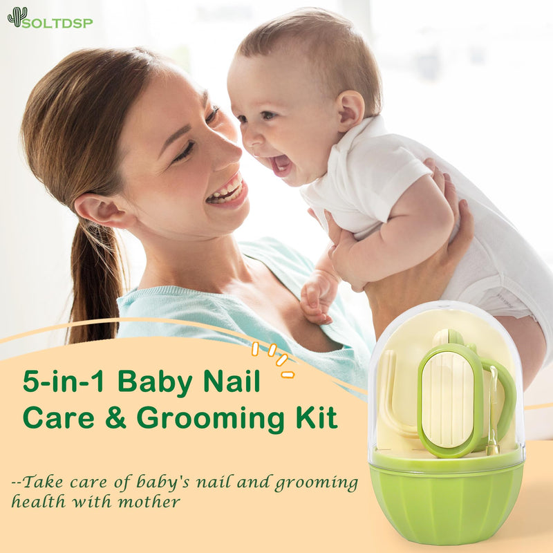 [Australia] - 5-in-1 Baby Nail Kit with Storage Case, Cactus Theme Design Including Baby Nail Clippers, Nail Scissors, Nail File, Tweezers & Nose Picker, Newborn Essentials Must Haves for Baby Shower(Green) Green 