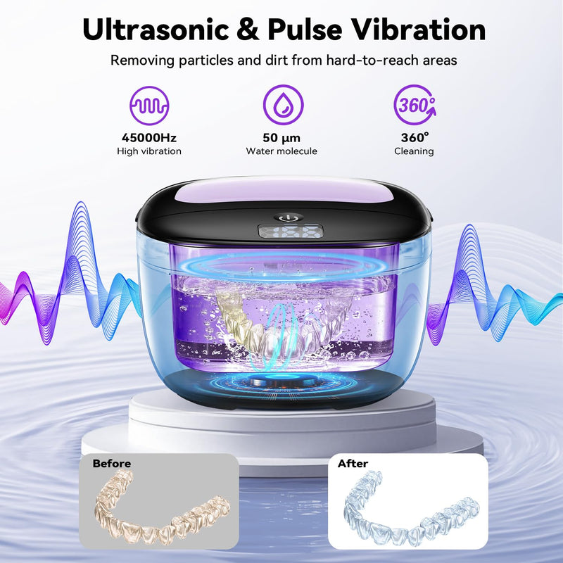 [Australia] - Ultrasonic Retainer Cleaner, 45kHz Dental Cleaning Pod for Dentures, Aligners, Night Guards & Jewelry, 150ML Denture Cleaner 2 Timed Modes & Travel Design 