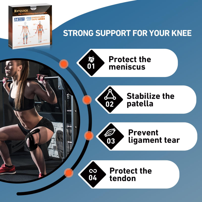 Precut Kinesiology Tape for Knees, 24 PCS KTQUICK Knee Tapes for Knee Pain, Elastic Knee Support & Stability& Breathable, Waterproof Sports Tapes for Muscle(Black) Black 24PCS