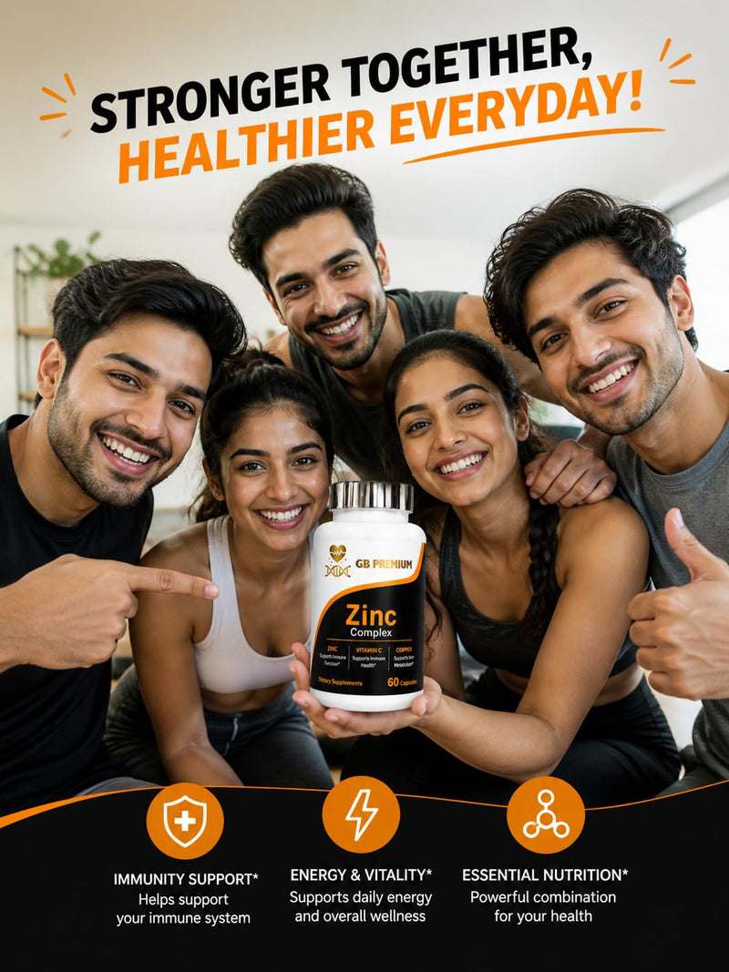 Zinc Complex Supplement with Vitamin C and Copper, High Strength Zinc Capsules, 60 Capsules