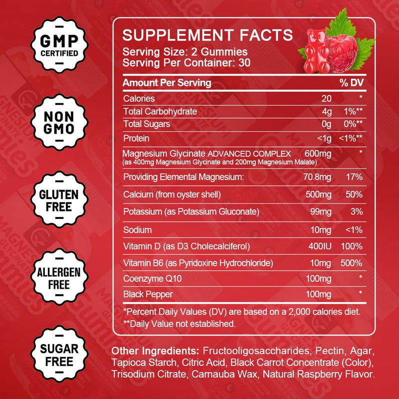 Magnesium Glycinate Gummies 400mg, Mg Potassium Supplement with Chelated Magnesium Malate Complex, Vitamin D, B6, and CoQ10, Supports for Memory, Calm, Mood & Sleep - 60 Count (Pack of 1) Raspberry 60 Count (Pack of 1)