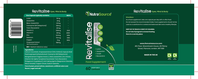Revitalise CoQ10 & Coenzyme Q10 Antioxidant Complex with Lutein, Zeaxanthin, Resveratrol, Grapeseed OPC, Selenium, Vitamin C & E, Energy, Eye & Cell Support, Vegan, 60 Capsules | NutraSource
