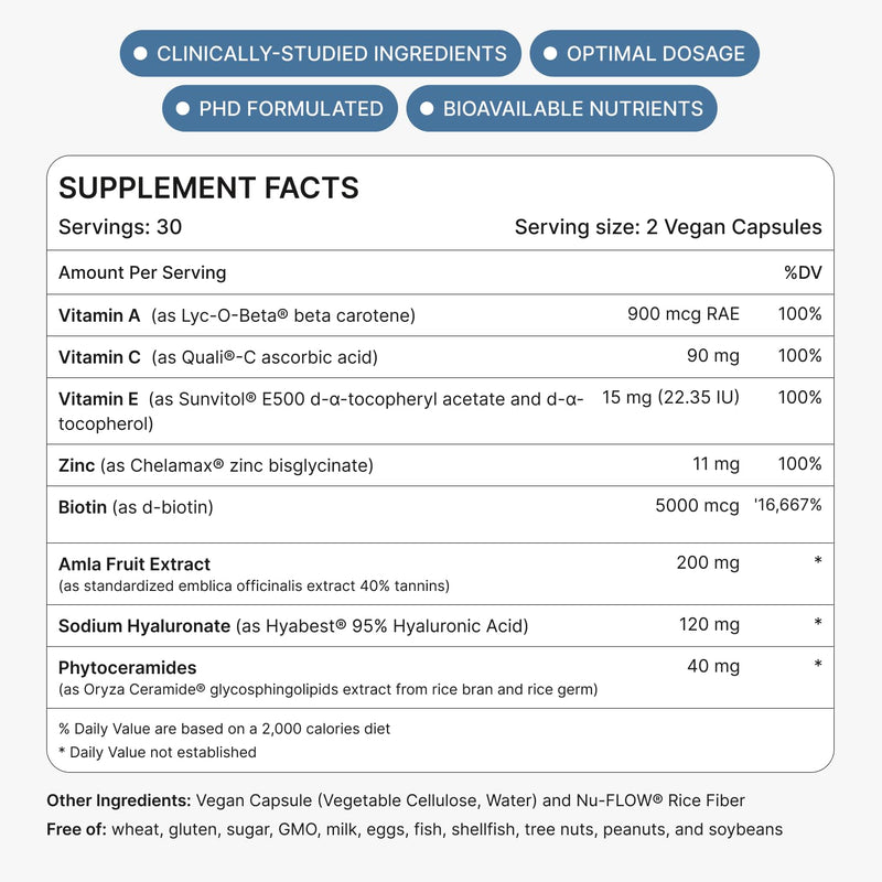[Australia] - GLOW Anti Aging Supplement - Hyabest¬Æ Hyaluronic Acid, Phytoceramides, 5000 mcg Biotin, Vitamin A, C, E, Zinc - Hair Skin Nails Vitamins for Women & Men - Wrinkles & Skin Hydration - 60 Capsules 