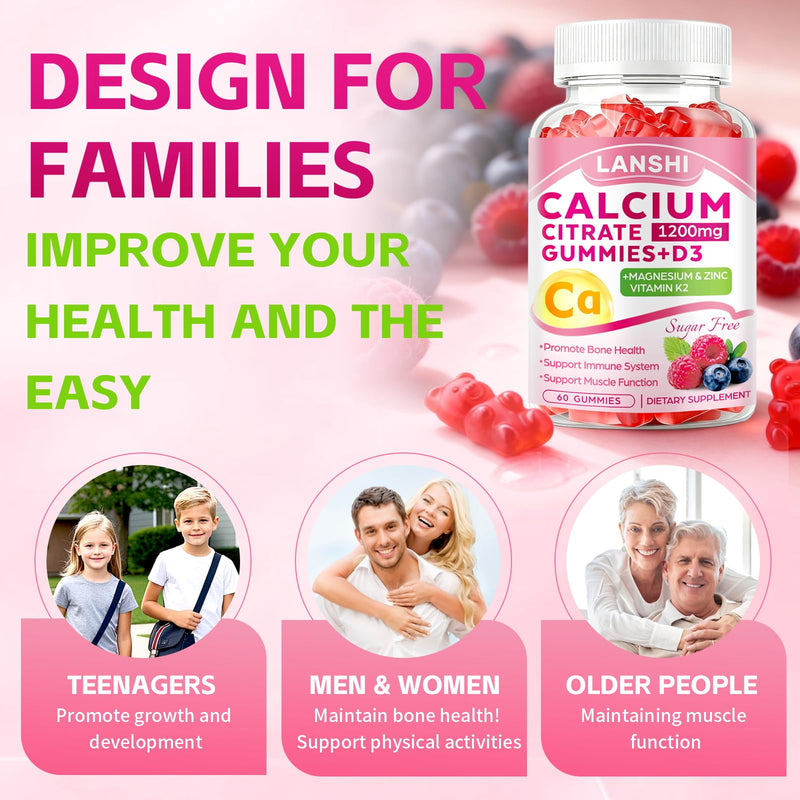 Calcium Citrate Gummies 1200mg with Vitamin D3 & K2 Supplements for Women & Men, High Absorption Calcium Gummies Plus Magnesium, Zinc for Strong Bones & Immune Support Mixed Berry Flavor, 2 Pack 60 Count (Pack of 2)