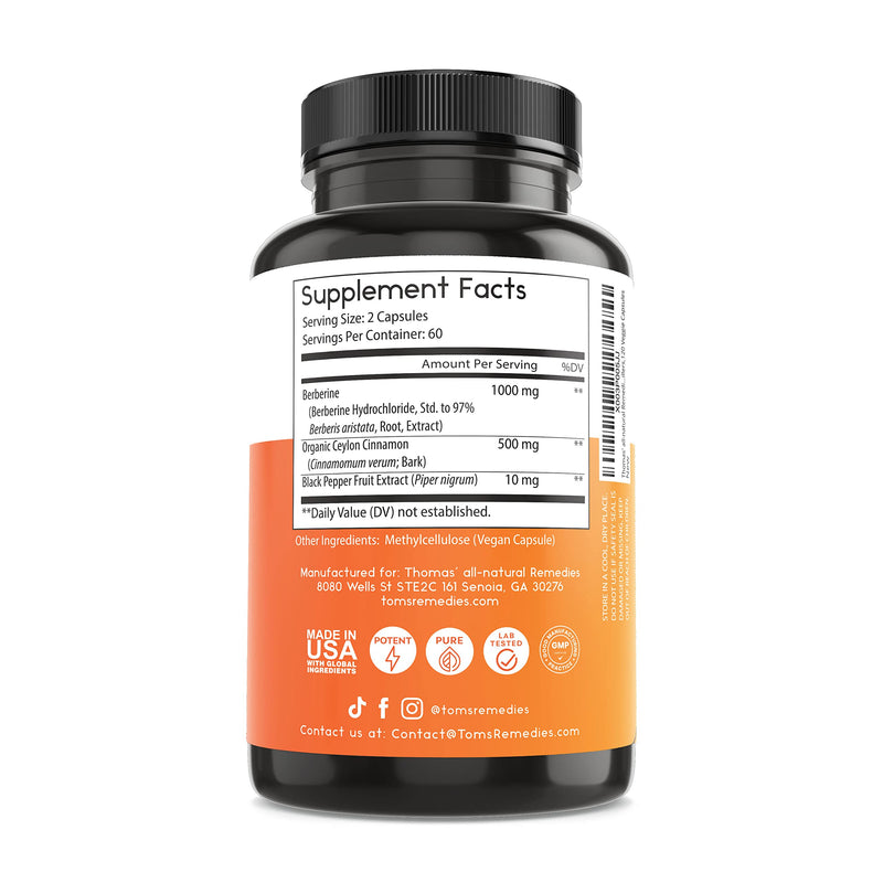 [Australia] - Thomas' all-natural Remedies Berberine 500mg (1000mg Per Serving)- 120 Vegan Capsules- with Ceylon Cinnamon & Black Pepper- Supports Healthy Immune Function & Overall Wellness 