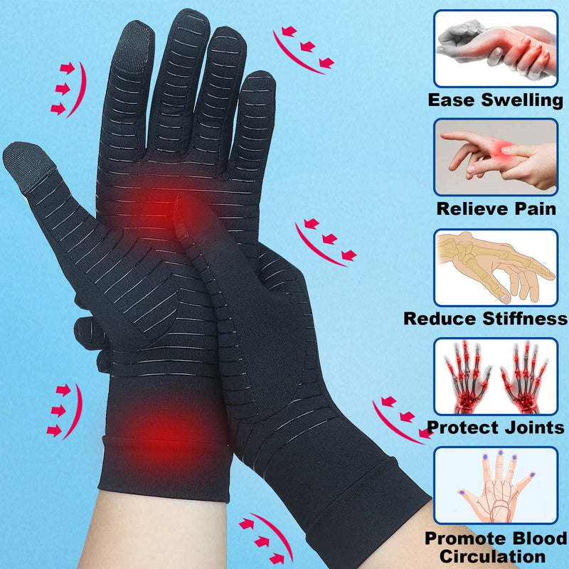 2 Pairs Full Finger Copper Arthritis Compression Gloves with Touchscreen Tips. Relief for Hand Pain, Carpal Tunnel, Rheumatoid, Inflammation, Tendonitis, Trigger Finger, RSI, Fit for Men Women (M) Medium Black