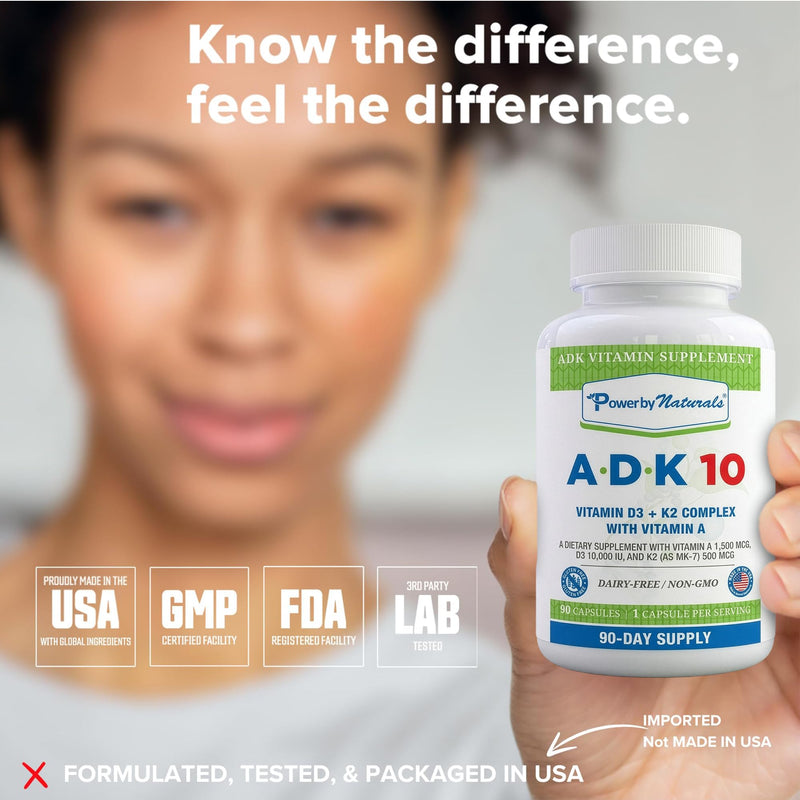 Power By Naturals ADK 10 Vitamin Supplement – Vitamins A, D3 & K2 MK-7 for Bone, Heart & Immune Health – Gluten-Free, Soy-Free – 90 Capsules (3-Month Supply) 90 Count (Pack of 1)