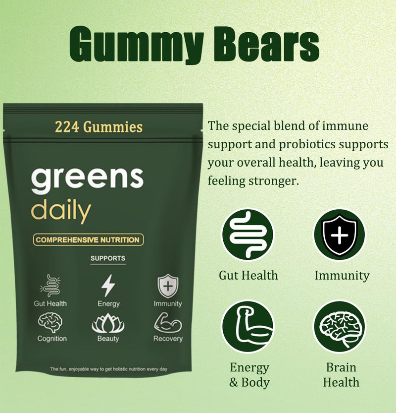 [Australia] - Greens Gummies - Organic Chlorella and Spirulina, Digestive & Gut Health, Formulated with 60+ Ingredients, Multi-Vitamins & Minerals, Daily Gummies, 224 Gummies Bear 