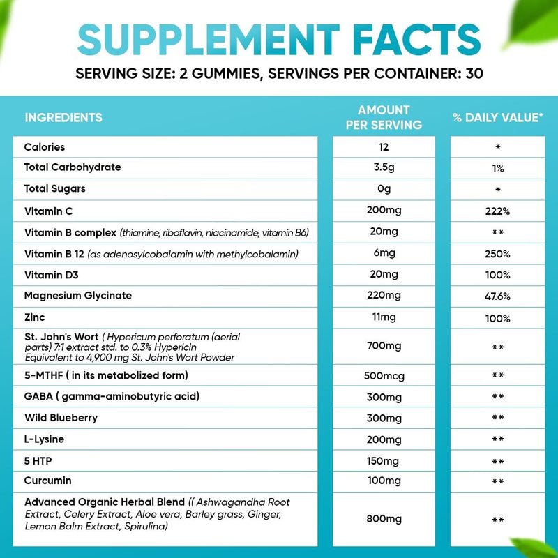 [Australia] - Sugar Free 22 in 1 Calm Mood Gummies St. John's Wort, 5-HTP, GABA, Ashwagandha| Magnesium Glycinate Gummies | Non-GMO, Natural Support Stress & Relaxation, Mood & Energy | Vegan, 60 ct. 