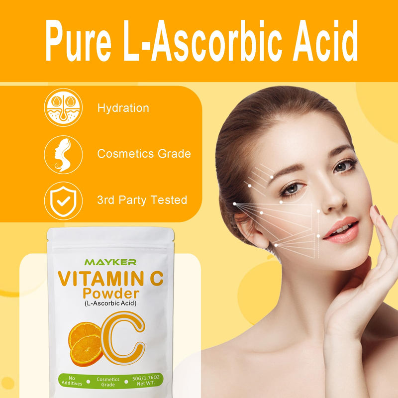 MAYKER Ultra Fine Vitamin C Powder for Face, 1.76oz, Pure Cosmetic Grade L-Ascorbic Acid Powder for DIY Skincare, Serums & Creams