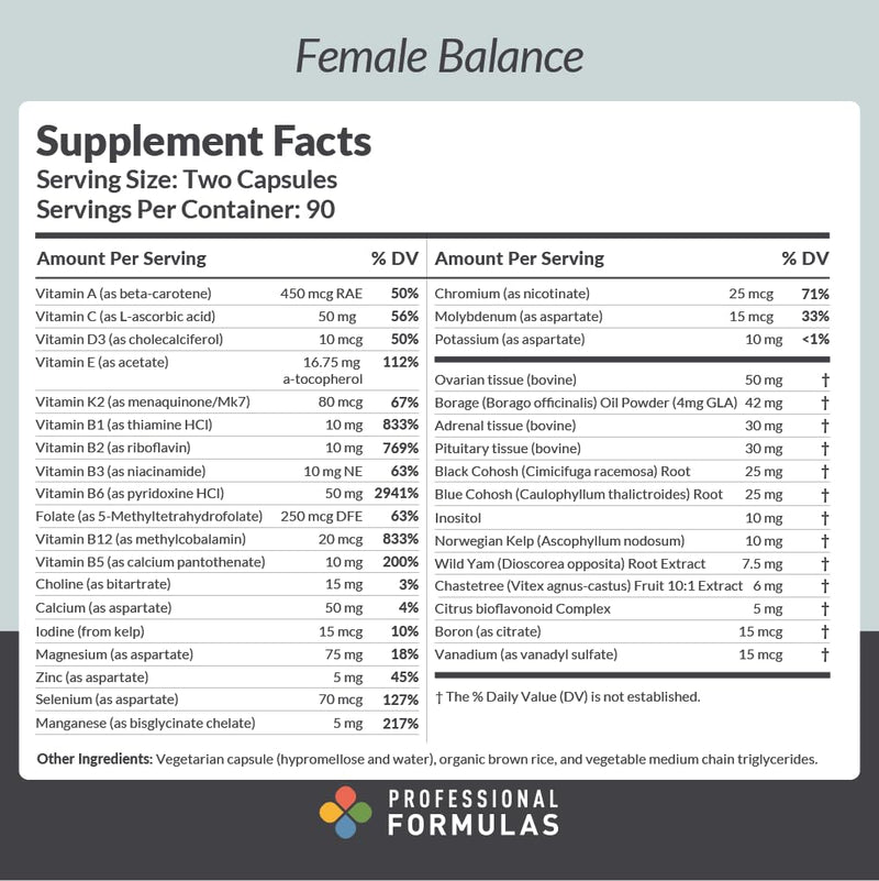 Professional Formulas Female Balance – Glandulars with Black Cohosh Root, Vitamins & Minerals to Support premenstrual and menopausal Hormone Balance and Emotional Wellness - Gluten Free, 180 Capsules