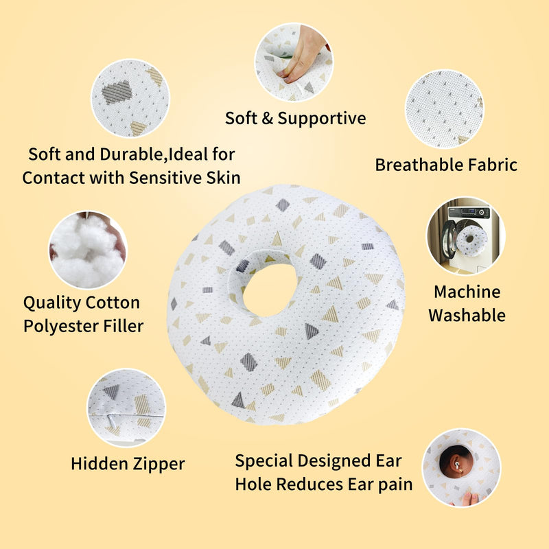 [Australia] - Ear Piercing Pillow for Side Sleepers, Donut-Shaped Ear Relief Pillow, Post-Piercing Recovery and Ear Pain, White with Gold and Grey Pattern 