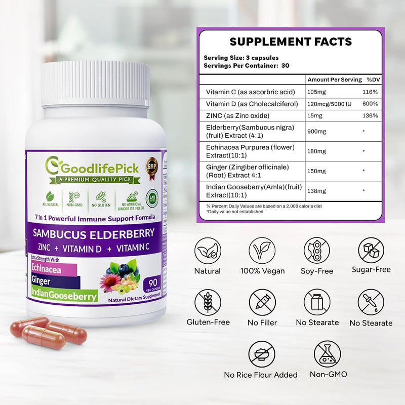 7 in 1 Elderberry with ZINC, Vitamin C, Vitamin D, Echinacea, Ginger & Indian Gooseberry (Amla).Premium Elderberry Capsules 90 ct, All Natural,Non-GMO,Vegan,No Rice Powder, No-Gluten 90 Count (Pack of 1)