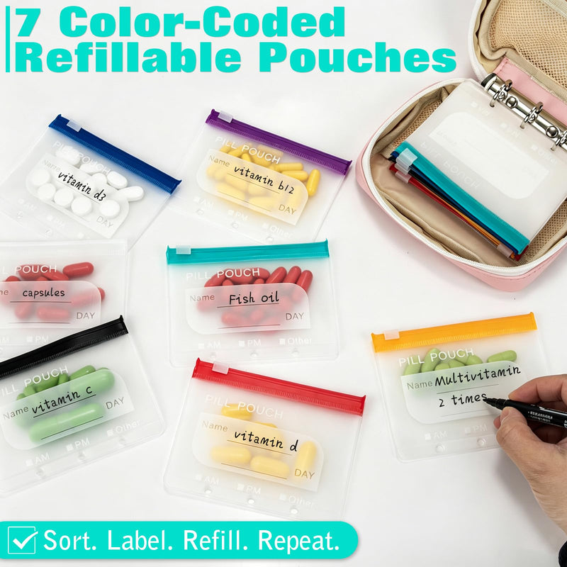Travel Pill Organizer w 14 Day A8 Self Sealing Medicine Pill Pouch, Green | Waterproof, Pill Case, Binder, Storage Vitamin, Medication Organizer, Supplement, Meds, 2 Week, Dosey, Portable, Reusable