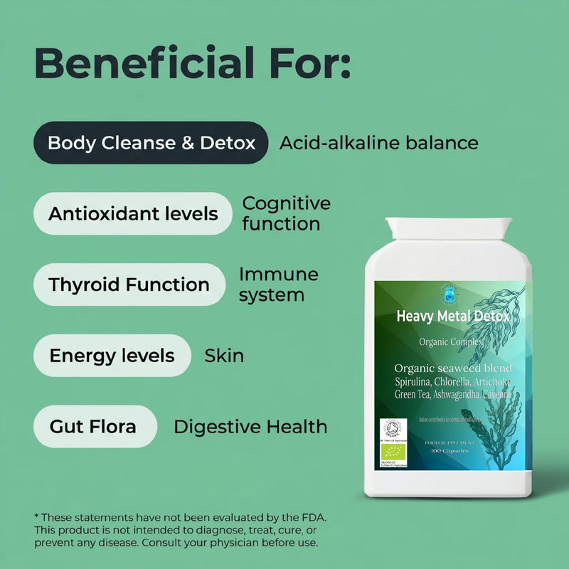 Heavy Metal Detox Cleanse Organic Complex Bladderwrack Seaweed, Iodine, Sea Kelp, Chlorella Spirulina Capsules, Artichoke, Green Tea, Alfalfa, Cayenne Pepper 100 Super Greens Powder Tablets Adults