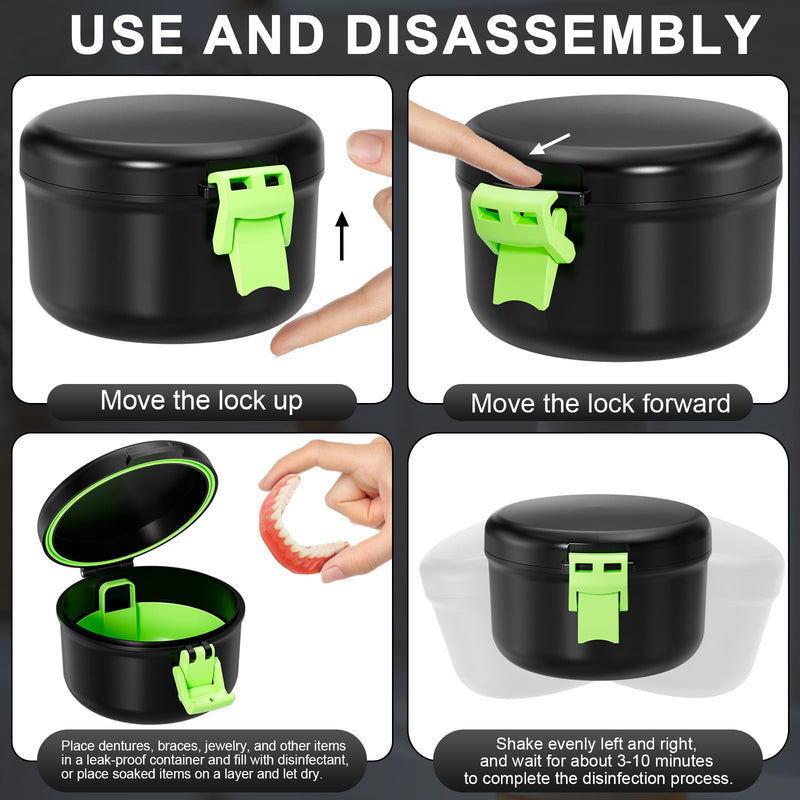 [Australia] - Leak Proof Denture Bath Cup, Travel Denture Case for Soaking Dentures & Retainer, Retainer Cleaner Case, Round False Teeth Container, Black+Light Green. Black + Light Green 