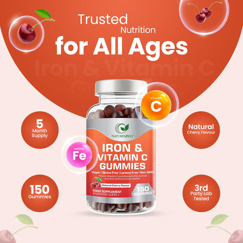 Iron & Vitamin C Gummies for Adults & Kids - 150 Chewable Gummies for Energy & Immune Support | Vegan Iron Supplement |Natural Cherry Flavour, Non-GMO -5 Month Supply - By Natures Zest