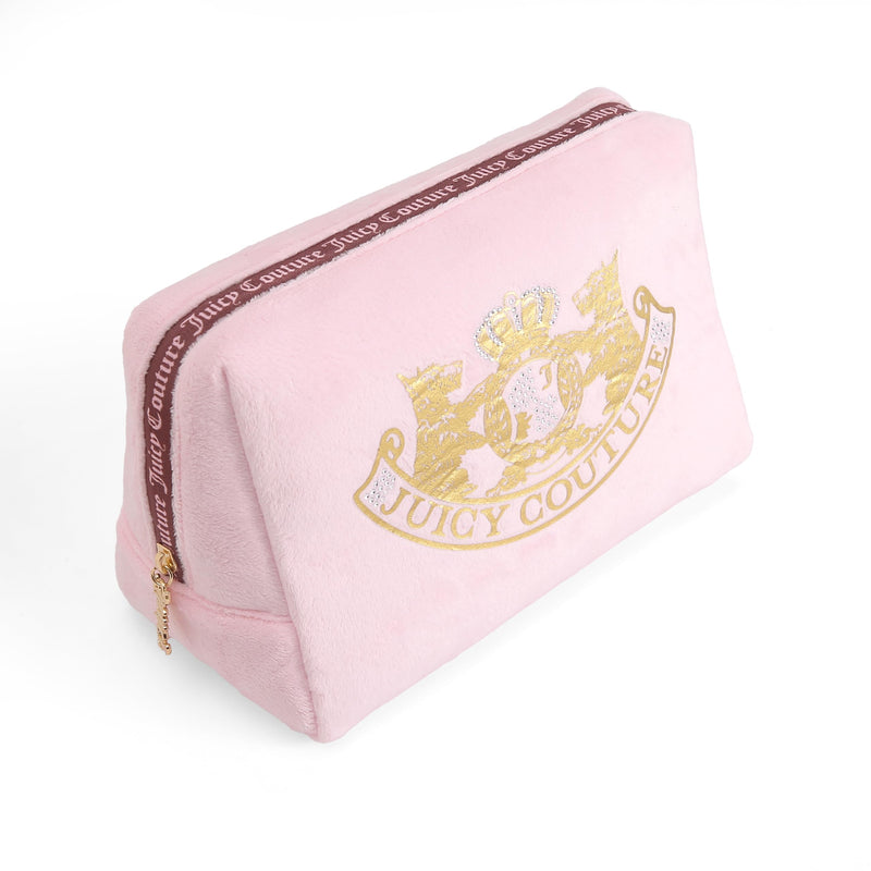 Juicy Couture Pink Makeup Bag Cosmetics Organizer Travel Essentials Zip Top Wedge Gold Terroir Dog Rhinestone Crown Velour