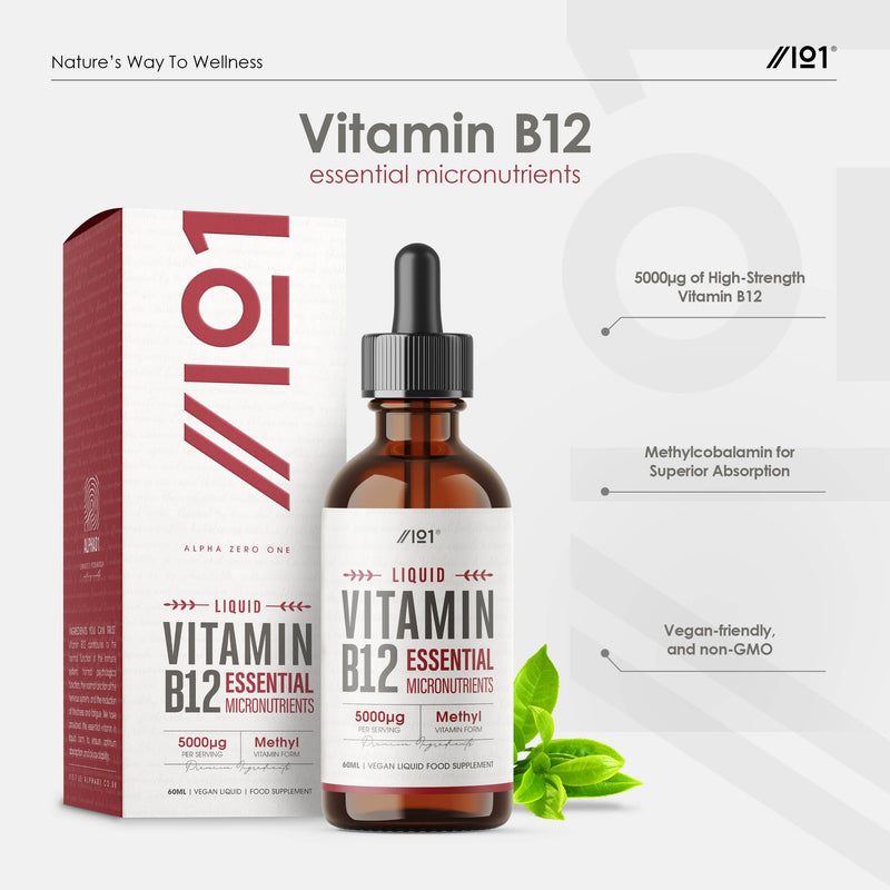 Vitamin B12 Liquid Drops 5000mcg - 60ml (2 Months Supply) - High Strength Methylcobalamin Supplement - Vegan & Vegetarian Friendly - By Alpha01