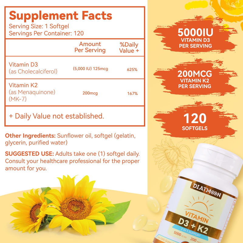 Vitamin D3 K2 Supplement Softgels, D3 5000 IU & K2 MK-7 200 mcg - 120 Count | Bone & Teeth Support, Easy to Swallow, Non-GMO, Gluten-Free 120 Count (Pack of 1)