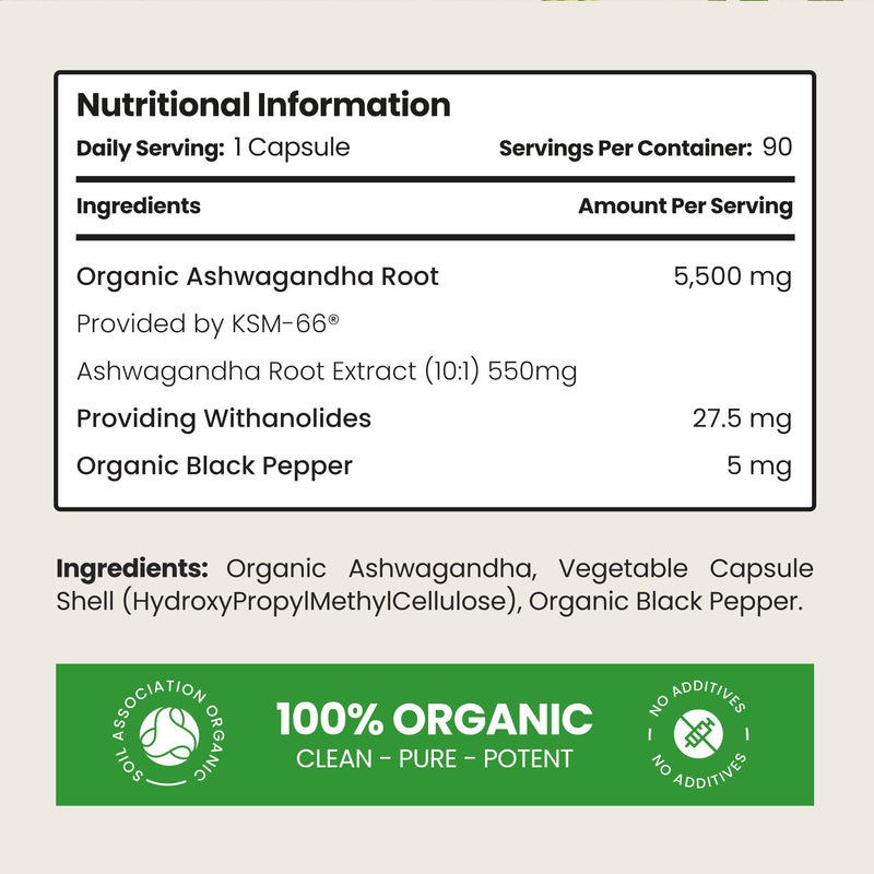 Ashwagandha KSM 66 Root Extract Capsules | 3 Month Supply | 5500mg | Organic Ashwagandha High Strength Powder | Clean Formula Pure Herbal Supplements for Women & Men | VitaBright UK 90 count (Pack of 1)