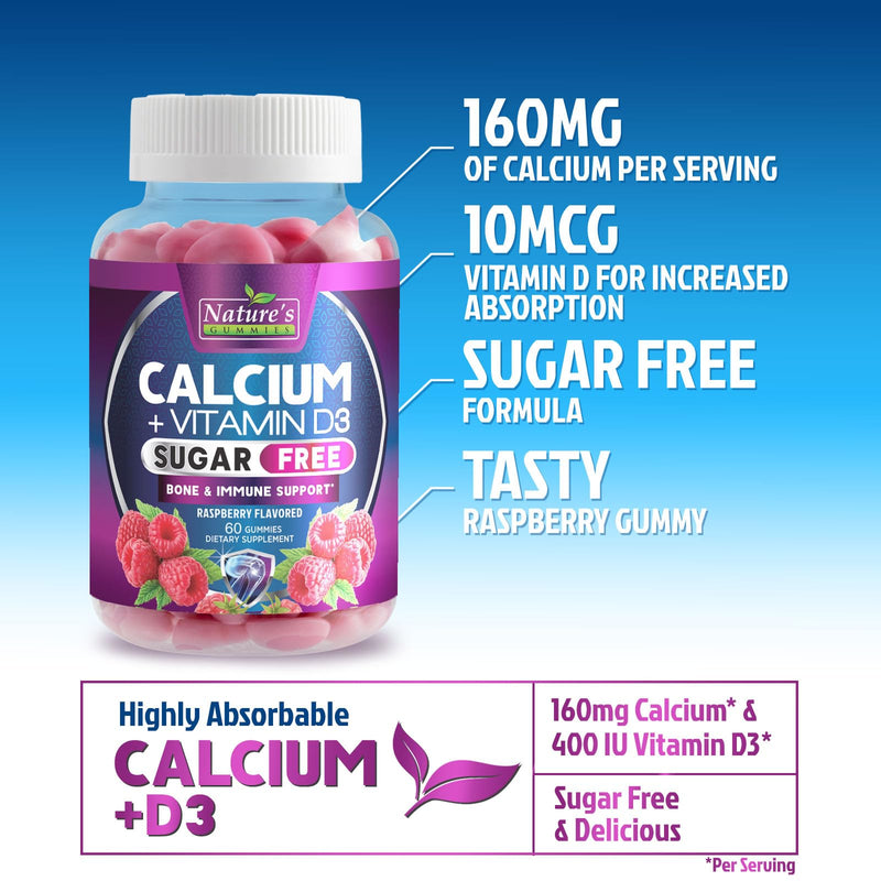 Calcium Supplement Gummies - Sugar Free Calcium Gummy with Vitamin D3 for Best Absorption - Supports Immune Health, Bones & Teeth - Nature's Calcium Chews for Women & Men - Berry Flavor - 60 Gummies 60 Count (Pack of 1)