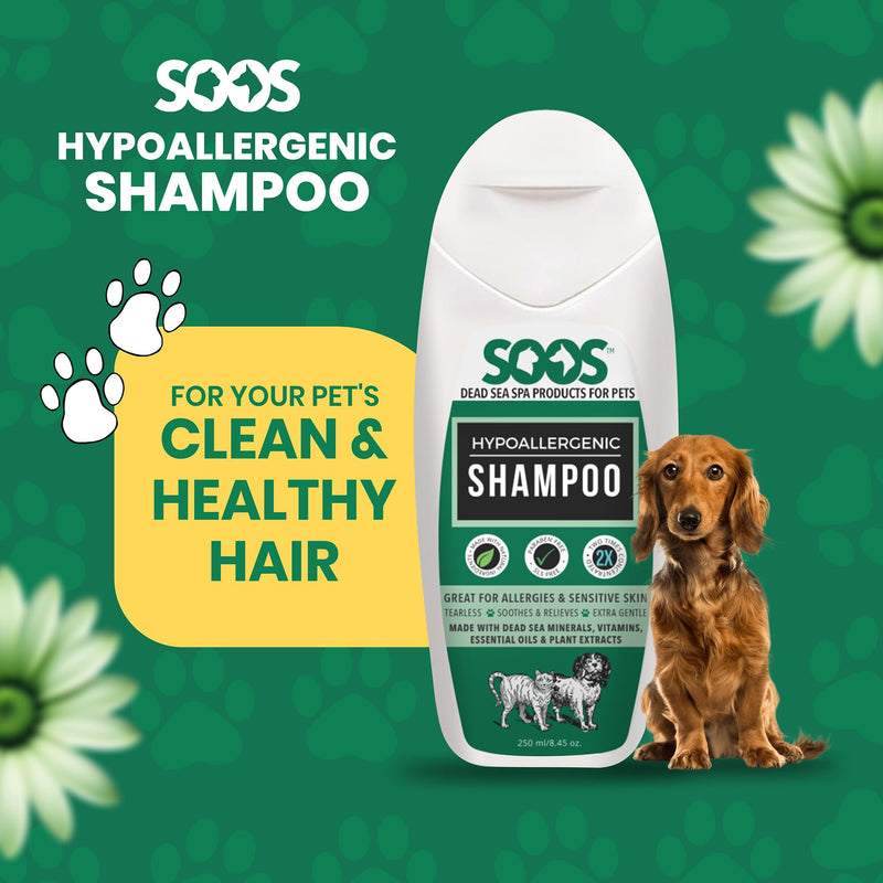 Soos Pet Shampoo Hypoaller-genic Cat and Dog Shampoo Natural Dead Sea Minerals Fast Absorbing Soothes Skin Irritation with Vitamins Essential Oils - 1 Pack (250ml) - PawsPlanet Australia