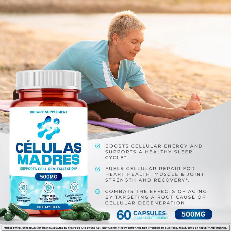 Stem Cell Supplements 500mg (60 Cap) Natural Anti-Aging & Longevity Support with Spirulina & Chlorella, Boost Cellular Renewal, Restore Youthful Energy, Reduce Joint Soreness – Celulas Madre 1