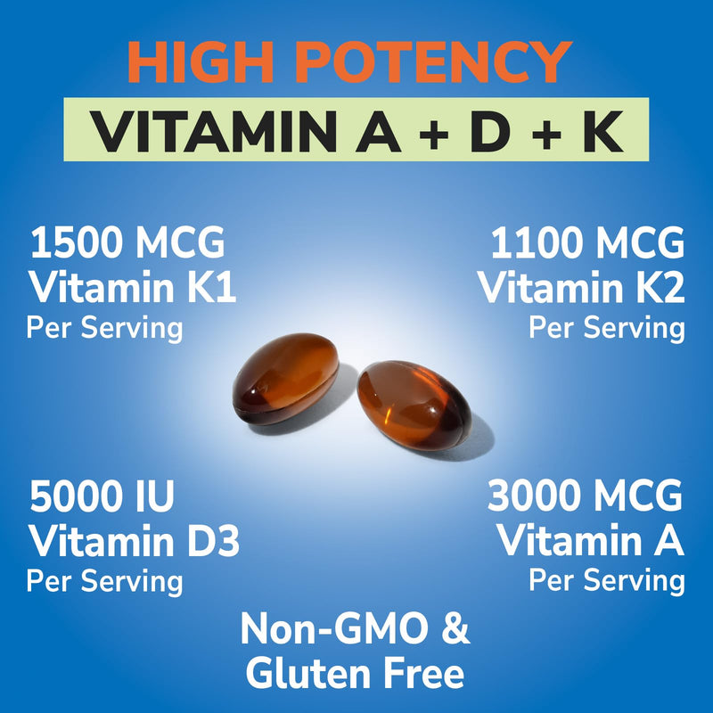 Vitalibre Vitamin K Complex 2600 mcg with Vitamin A & D3 5000 IU | Bioavailable K2 D3 Vitamin Supplement, Full Spectrum, for Bone Strength and Heart Health, 90 Softgels
