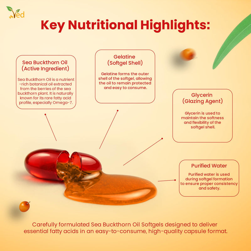 VED Sea Buckthorn Oil Soft Capsules | Boost Immune System | Omega-7 500 mg | 120 Softgels.