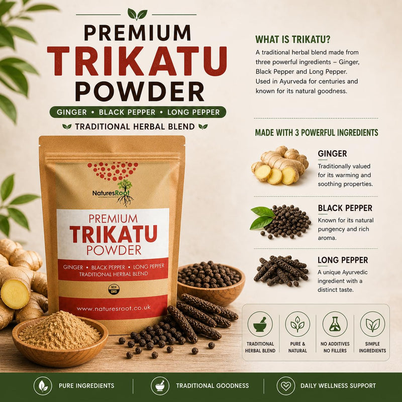 Nature’s Root Organic Trikatu Powder 500g – Traditional Ayurvedic Herbal Blend – Ginger, Black Pepper & Long Pepper – Fine Powder for Daily Wellness Routines