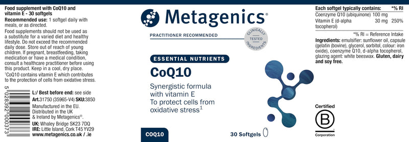 Metagenics - CoQ10 100 mg - High-Potency Coenzyme Q10 - with Vitamin E - for Cell Protection - 30 Capsules
