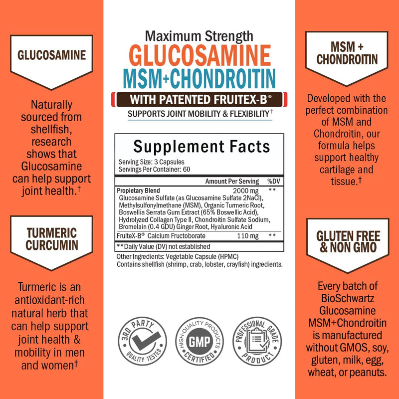 [Australia] - Glucosamine Chondroitin MSM 2110mg - Joint Support Supplement with Turmeric Curcumin for Hands Back Knee & Joint Health for Men & Women - Gluten-Free Non-GMO Supplement - Made in USA - 180 Capsules 180 Count (Pack of 1) 