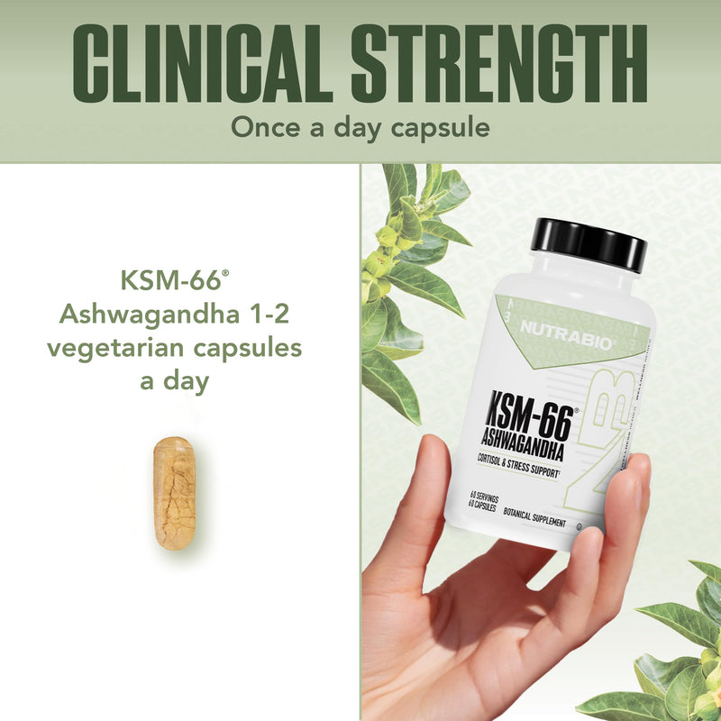 [Australia] - NutraBio Ashwagandha KSM-66 | Ashwaganda Herbal Supplement for Stress, Mood, & Performance | 600 MG of Clinically Studied KSM66 60 Capsules 60 Count (Pack of 1) 