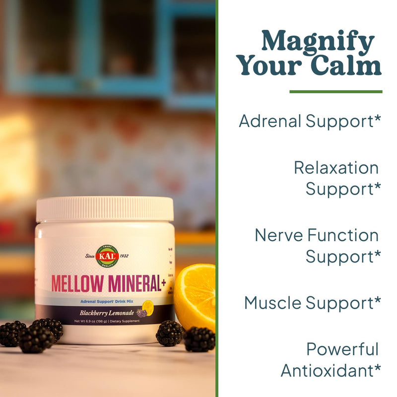 KAL Mellow Mineral Plus Powder Drink Mix - Blackberry Lemonade Flavor - Magnesium, Holy Basil, Essential Minerals and More - Adrenal Support Supplements - Vegan, 60-Day Guarantee - 30 Servings, 6.9 OZ