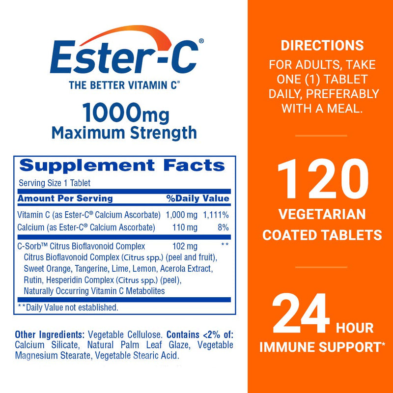 Ester-C Vitamin C 1000 mg Coated Tablets, Immune System Booster, Stomach-Friendly Supplement, 120 Count (Pack of 2) 120 Count (Pack of 2)